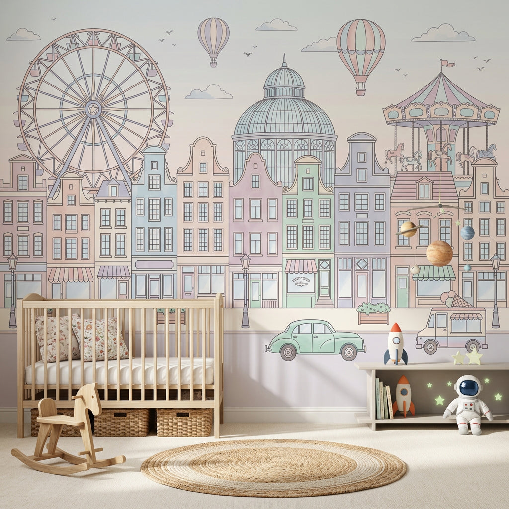 Pastel Cityscape Wallpaper European Townhouses Removable Ferris Wheel Wall Decor