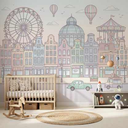Pastel Cityscape Wallpaper European Townhouses Removable Ferris Wheel Wall Decor