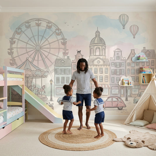 European Town Wallpaper Ferris Wheel Cityscape Removable Wall Decor