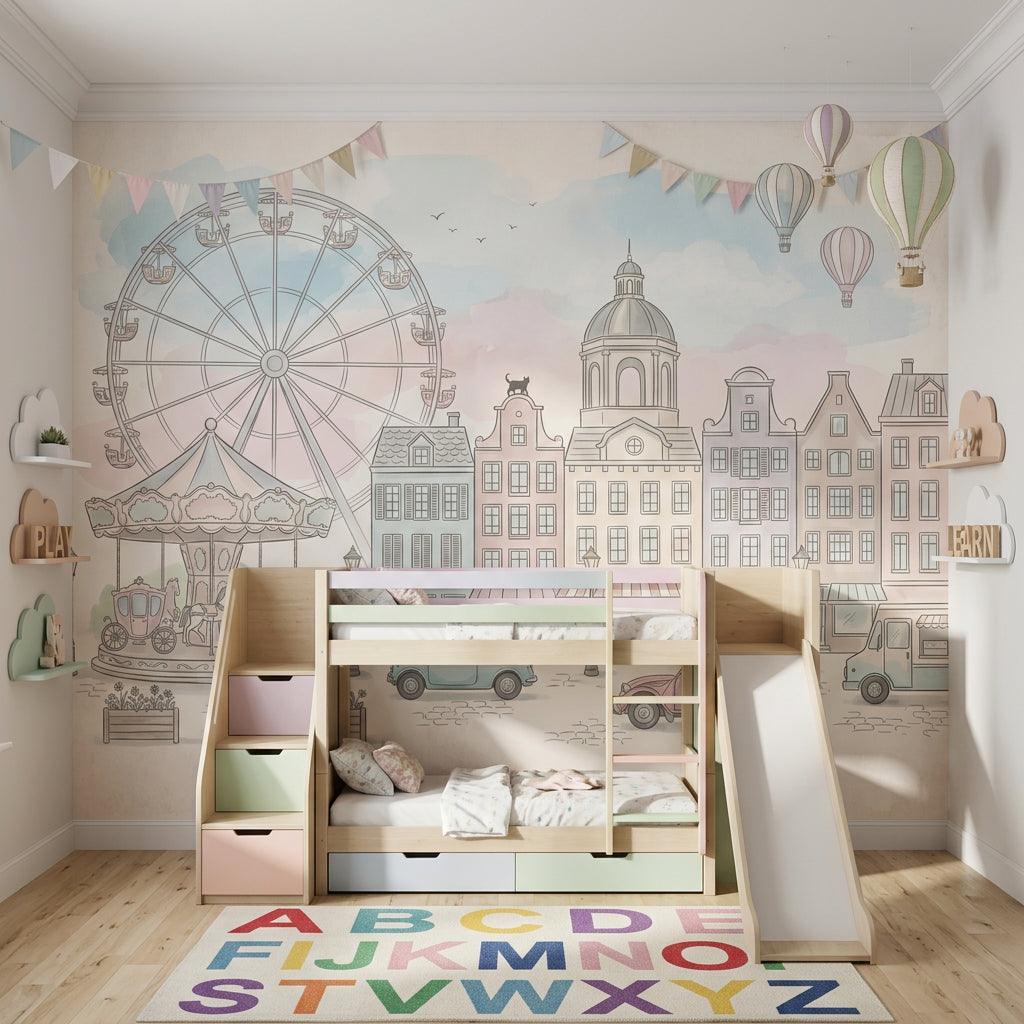 European Town Wallpaper Ferris Wheel Cityscape Removable Wall Decor