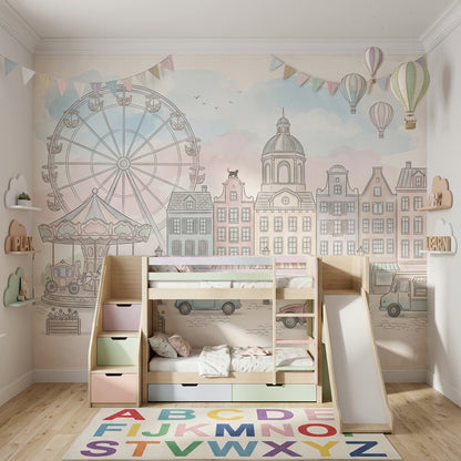 European Town Wallpaper Ferris Wheel Cityscape Removable Wall Decor