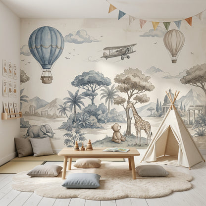 Whimsical Landscape Wallpaper Watercolor Hot Air Balloons Wall Mural