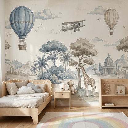 Whimsical Landscape Wallpaper Watercolor Hot Air Balloons Wall Mural