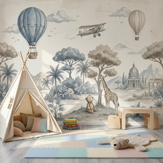 Whimsical Landscape Wallpaper Watercolor Hot Air Balloons Wall Mural
