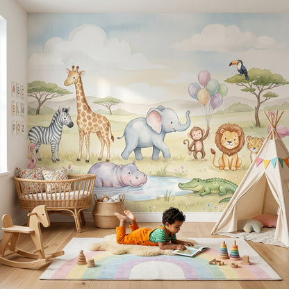 Safari Animals Wallpaper Savanna Landscape Watercolor Removable Wall Decor