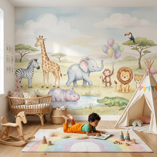 Safari Animals Wallpaper Savanna Landscape Watercolor Removable Wall Decor