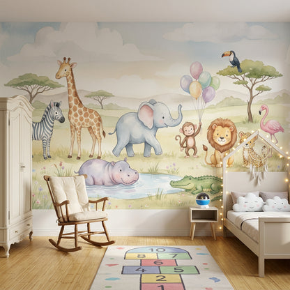 Safari Animals Wallpaper Savanna Landscape Watercolor Removable Wall Decor