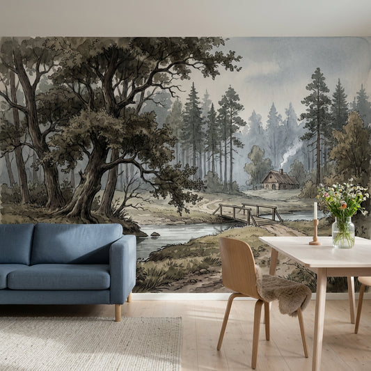 Woodland Landscape Wallpaper Watercolor Illustration Removable Forest Trees Wall Decor