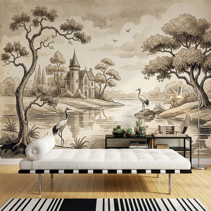 Sepia Landscape Wallpaper Toile Illustration River Scene Removable Wall Decor