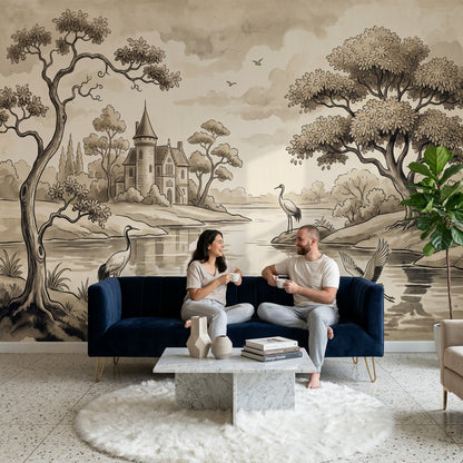 Sepia Landscape Wallpaper Toile Illustration River Scene Removable Wall Decor