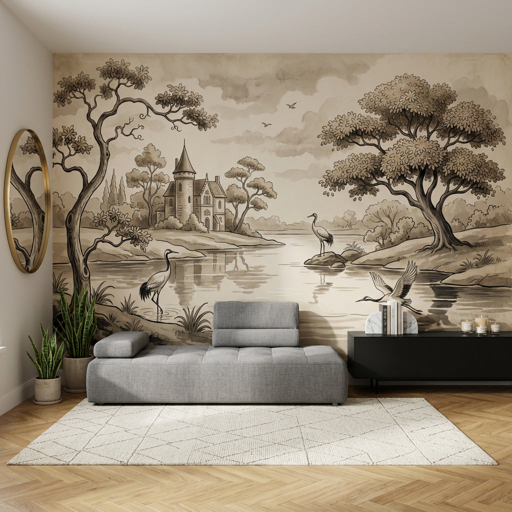 Sepia Landscape Wallpaper Toile Illustration River Scene Removable Wall Decor