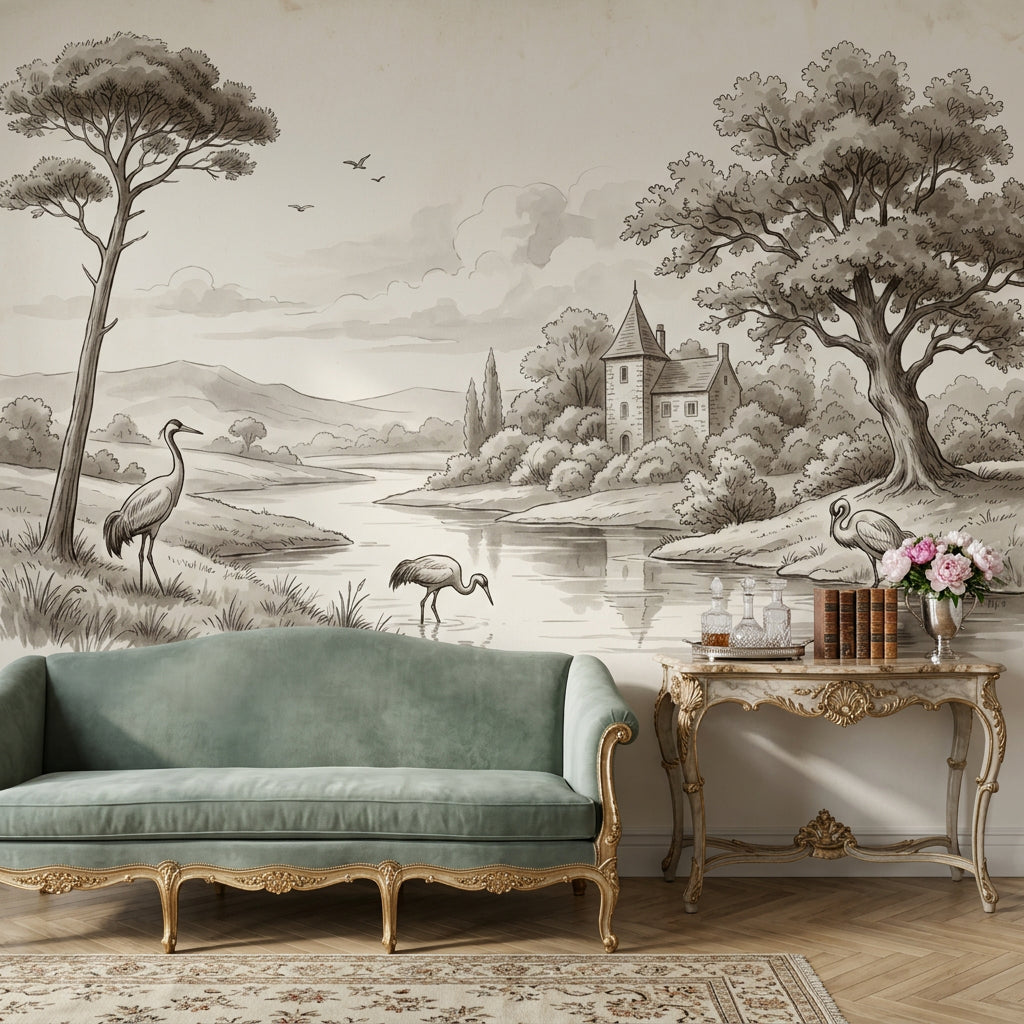 Vintage Illustration Wallpaper Landscape River Wall Mural