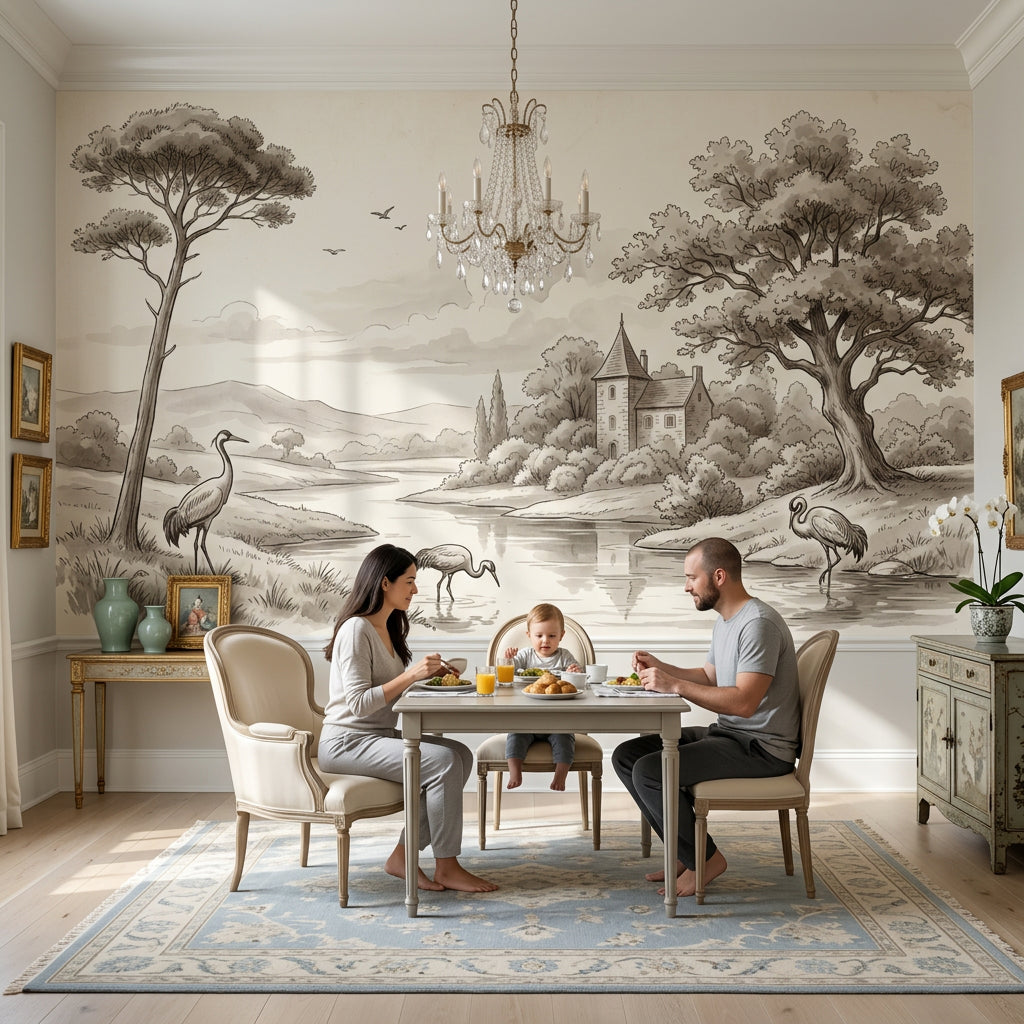 Vintage Illustration Wallpaper Landscape River Wall Mural