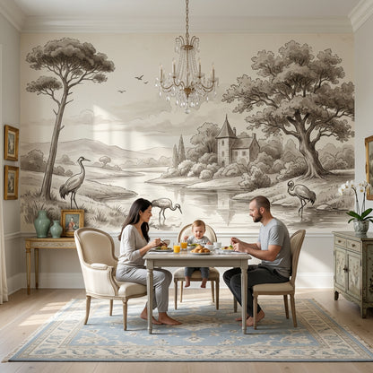 Vintage Illustration Wallpaper Landscape River Wall Mural