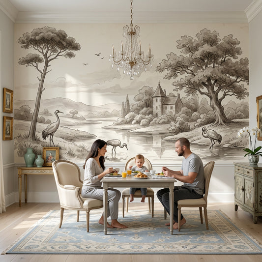Vintage Illustration Wallpaper Landscape River Wall Mural