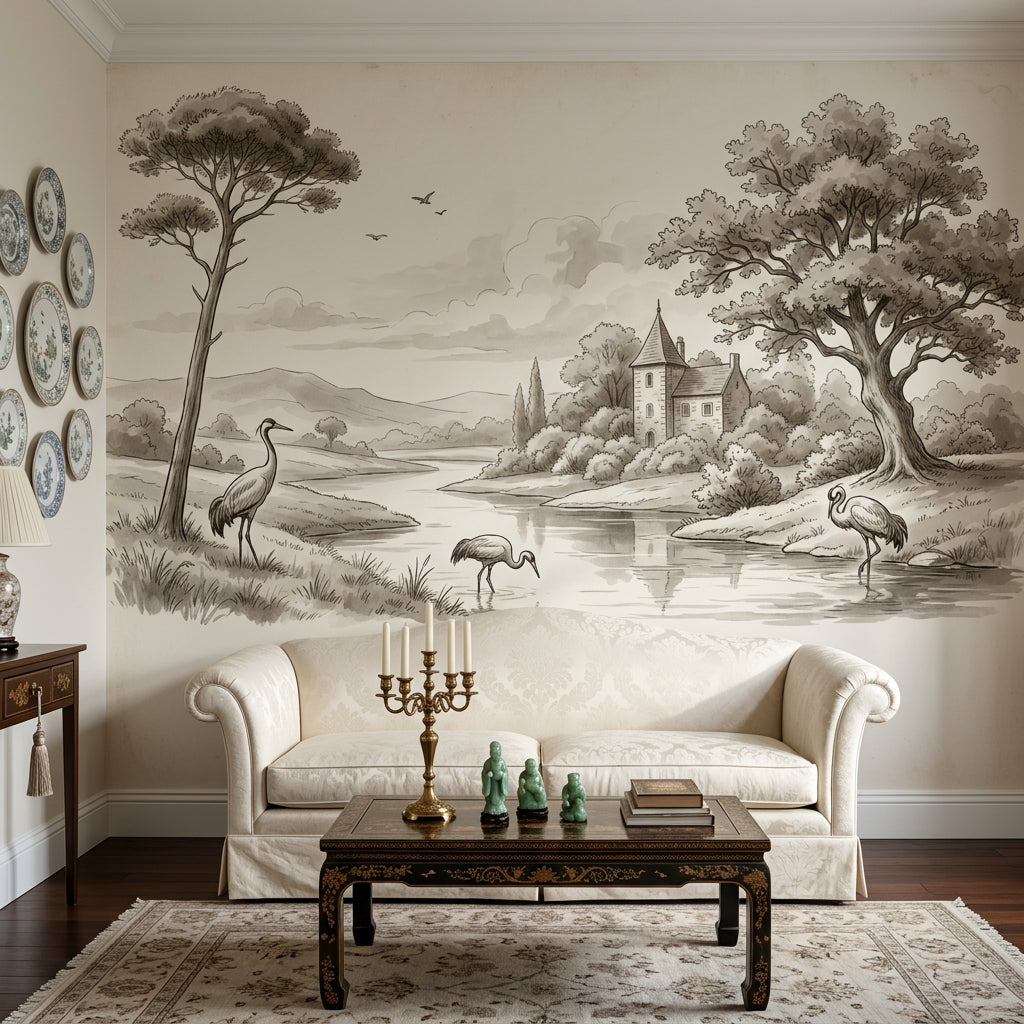 Vintage Illustration Wallpaper Landscape River Wall Mural