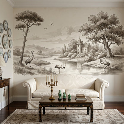 Vintage Illustration Wallpaper Landscape River Wall Mural