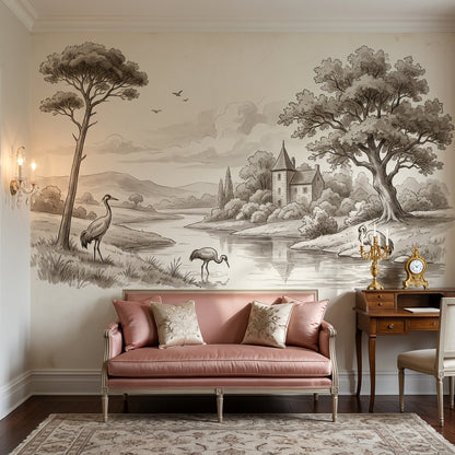 Vintage Illustration Wallpaper Landscape River Wall Mural