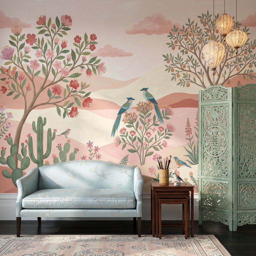 Pastel Desert Landscape Wallpaper Floral Botanical Removable Birds Wall Decor