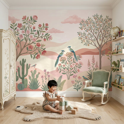 Pastel Desert Landscape Wallpaper Floral Botanical Removable Birds Wall Decor