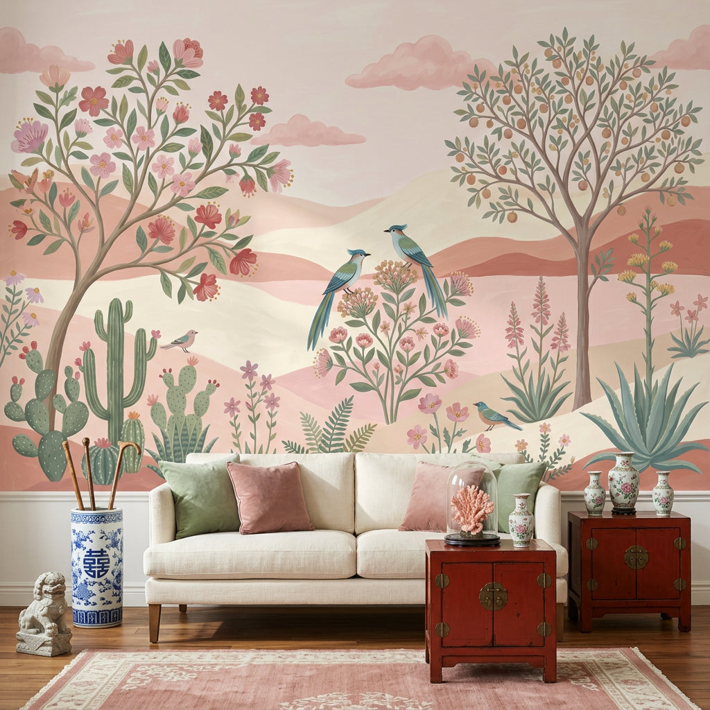 Pastel Desert Landscape Wallpaper Floral Botanical Removable Birds Wall Decor