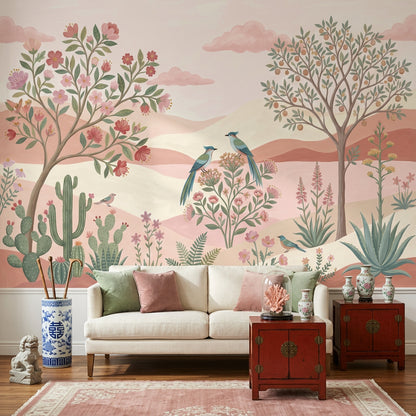 Pastel Desert Landscape Wallpaper Floral Botanical Removable Birds Wall Decor