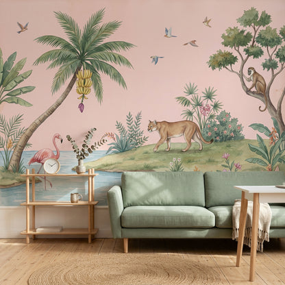 Tropical Landscape Wallpaper Watercolor Illustration Pink Background Removable Wall Decor
