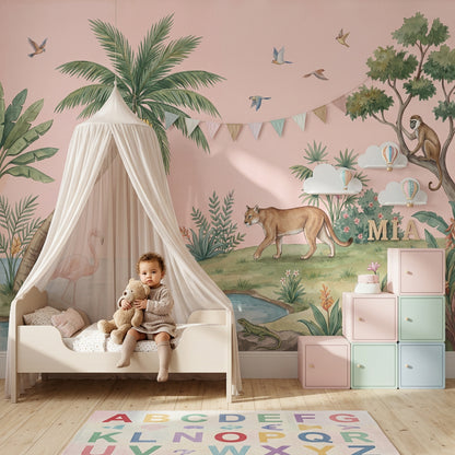 Tropical Landscape Wallpaper Watercolor Illustration Pink Background Removable Wall Decor
