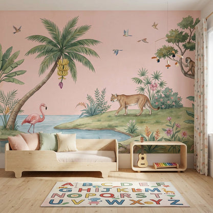 Tropical Landscape Wallpaper Watercolor Illustration Pink Background Removable Wall Decor