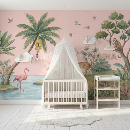 Tropical Landscape Wallpaper Watercolor Illustration Pink Background Removable Wall Decor
