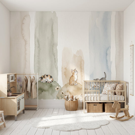 Kittens Wallpaper Watercolor Removable Pastel Wall Decor