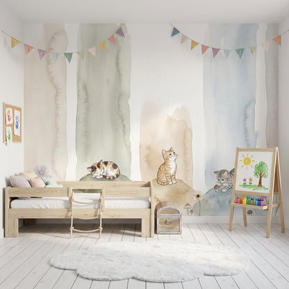 Kittens Wallpaper Watercolor Removable Pastel Wall Decor