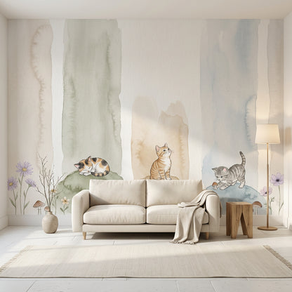 Kittens Wallpaper Watercolor Removable Pastel Wall Decor