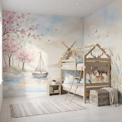 Spring Landscape Wallpaper Deer Family Removable Windmill Wall Decor