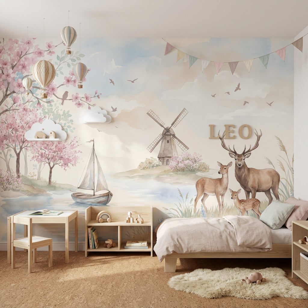 Spring Landscape Wallpaper Deer Family Removable Windmill Wall Decor