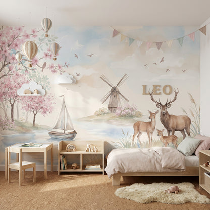Spring Landscape Wallpaper Deer Family Removable Windmill Wall Decor