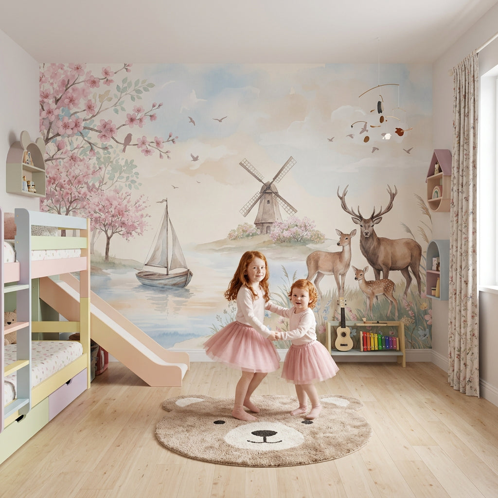 Spring Landscape Wallpaper Deer Family Removable Windmill Wall Decor