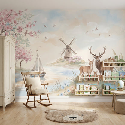 Spring Landscape Wallpaper Deer Family Removable Windmill Wall Decor