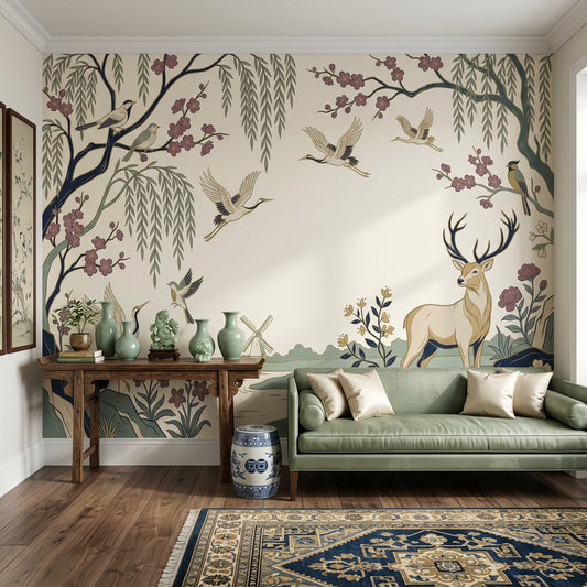 Pastoral Landscape Wallpaper Stag Deer Cranes Birds Wall Mural