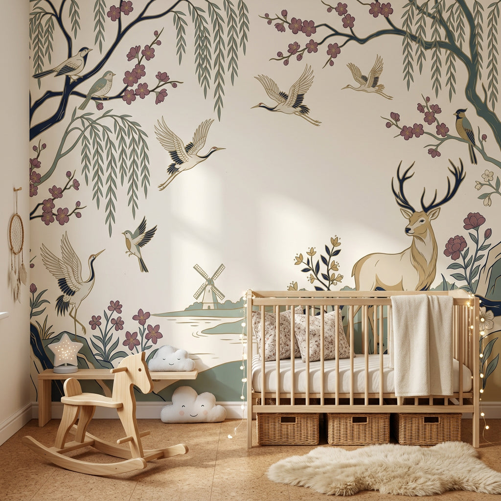 Pastoral Landscape Wallpaper Stag Deer Cranes Birds Wall Mural