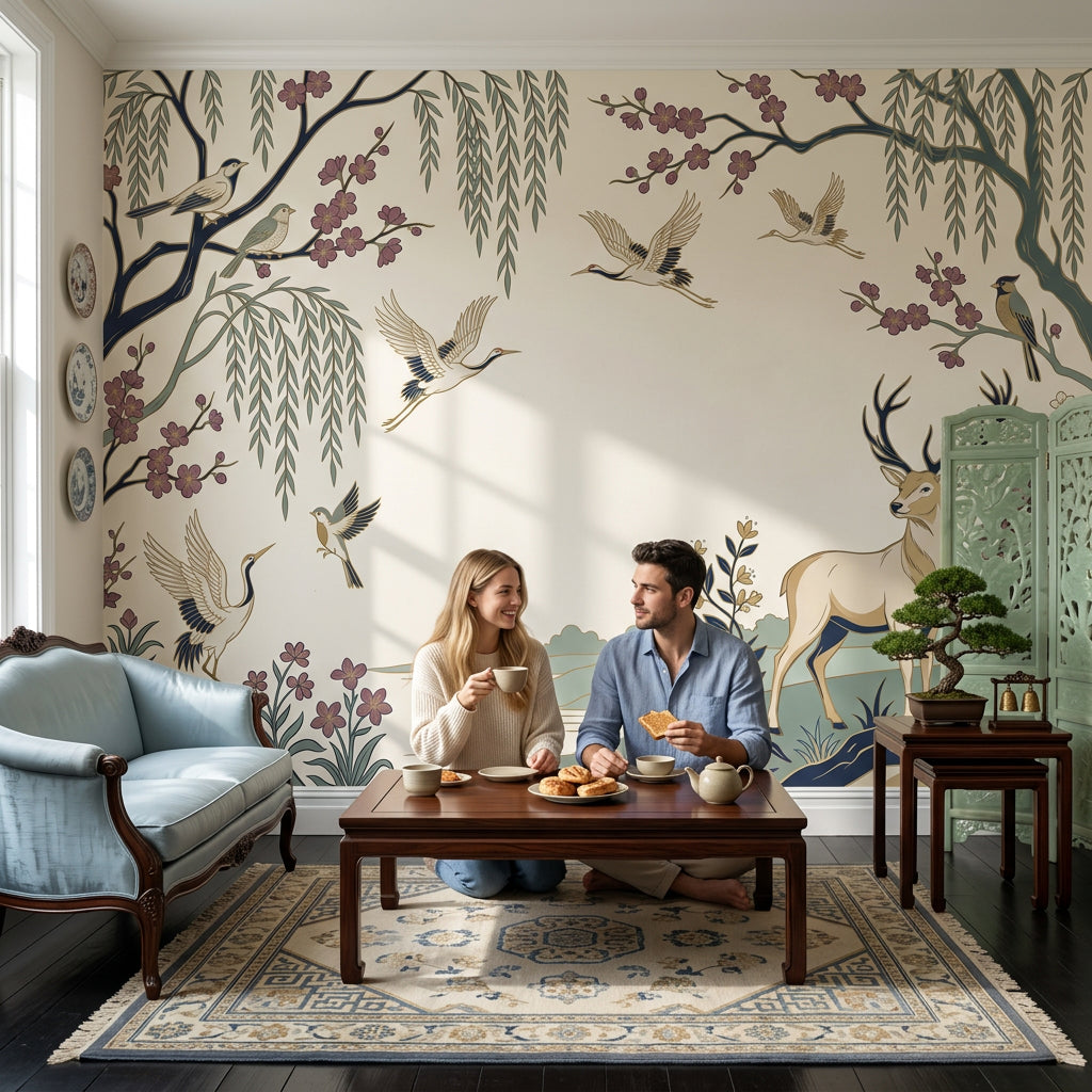 Pastoral Landscape Wallpaper Stag Deer Cranes Birds Wall Mural