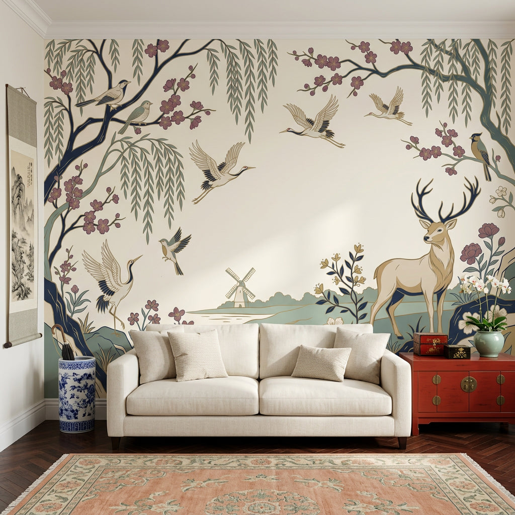 Pastoral Landscape Wallpaper Stag Deer Cranes Birds Wall Mural