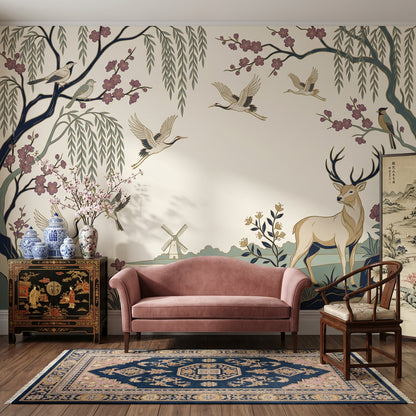 Pastoral Landscape Wallpaper Stag Deer Cranes Birds Wall Mural