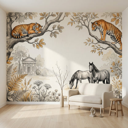 White Background Wallpaper Golden Leaves Removable Wall Decor
