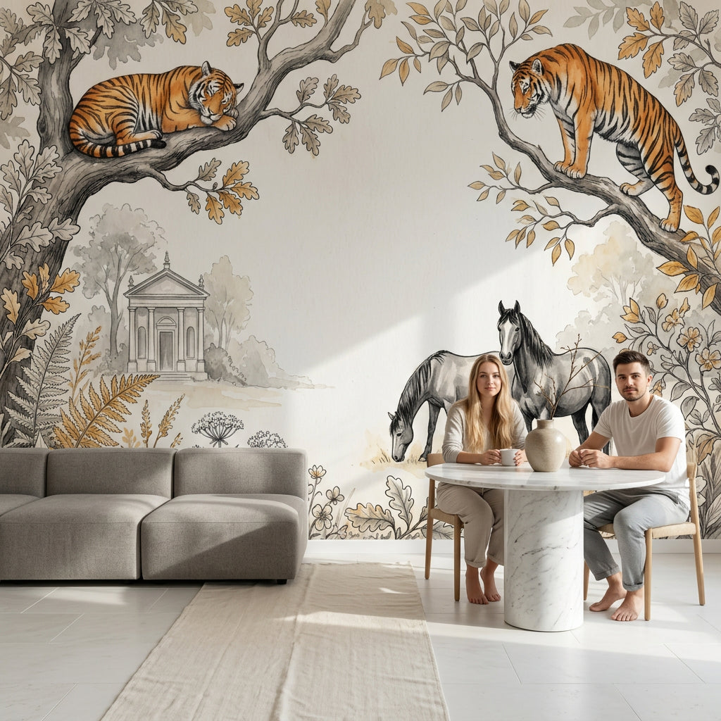 White Background Wallpaper Golden Leaves Removable Wall Decor