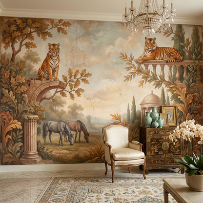 Classical Landscape Mural Wallpaper Tigers Mediterranean Garden Removable Wall Decor
