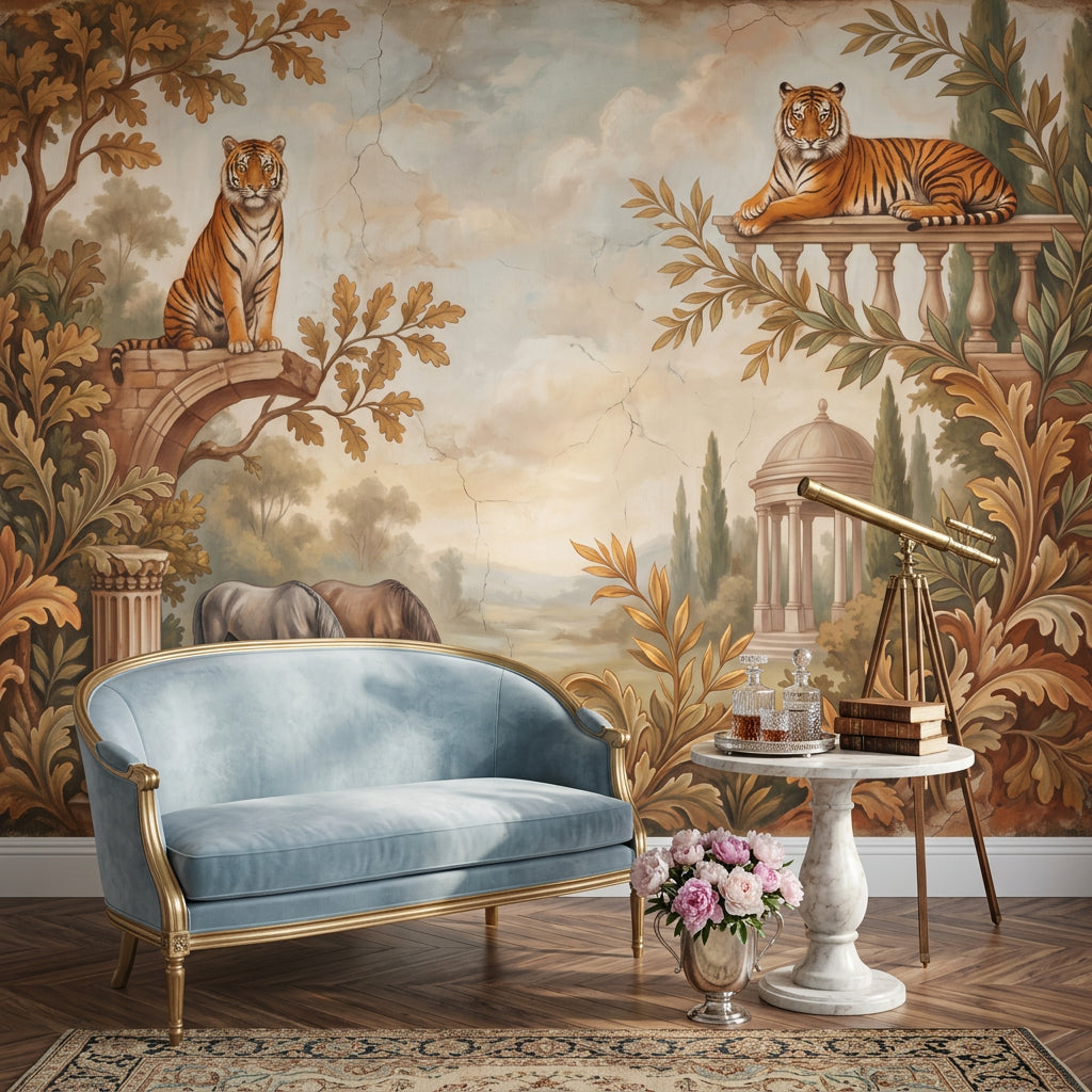 Classical Landscape Mural Wallpaper Tigers Mediterranean Garden Removable Wall Decor