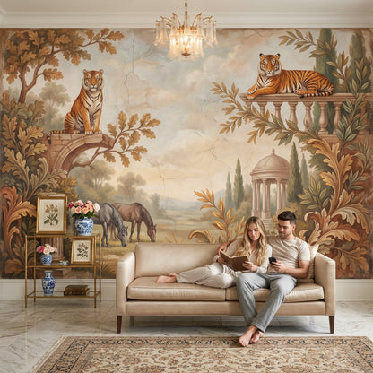 Classical Landscape Mural Wallpaper Tigers Mediterranean Garden Removable Wall Decor
