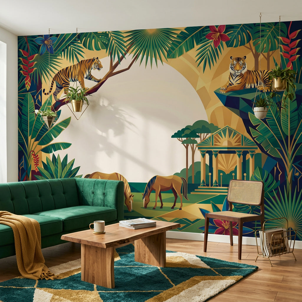 Tropical Jungle Wallpaper Art Deco Mural Tigers Removable Wall Decor