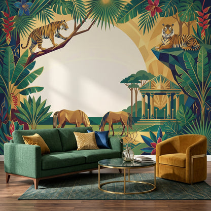 Tropical Jungle Wallpaper Art Deco Mural Tigers Removable Wall Decor